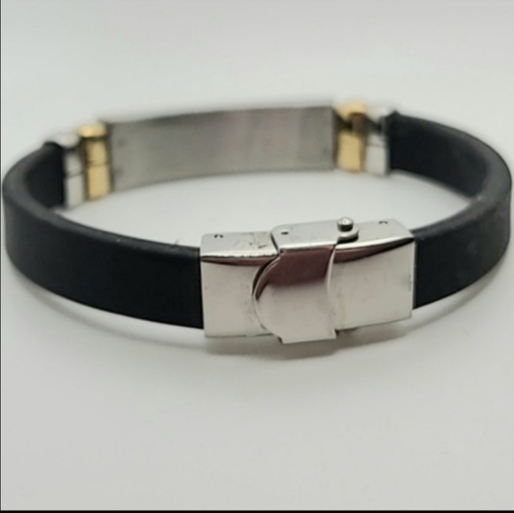 Unisex Stainless Steel Two-Tone Bracelet Black PUC Leather Pave' Stones 8.5" - Picture 4 of 4